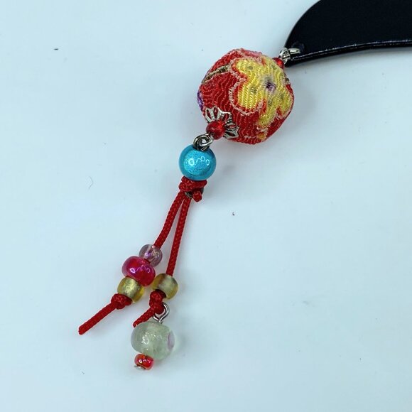 Rare Japanese Lacque black wooden Chirima ball crystal blue bead hairpin GS515 main image 4